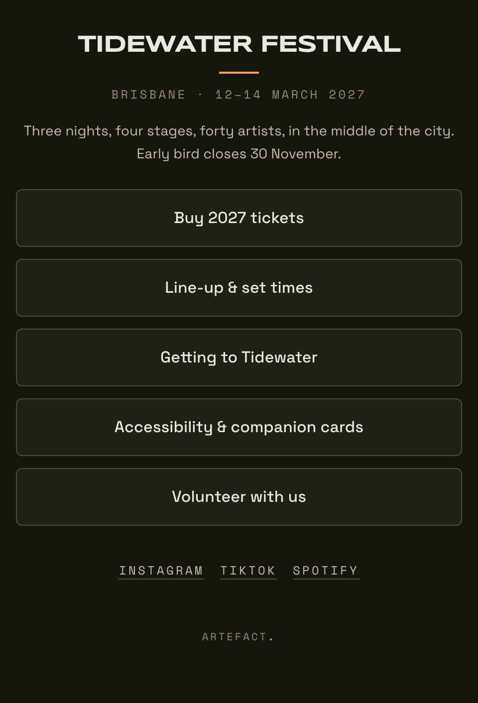 A link-in-bio page on a phone-width screen: the festival name in display type, a short description, and five tappable link buttons above a row of social links.